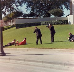 Photograph showing the concrete pergola and beyond it the wooden fence atop the grassy knoll