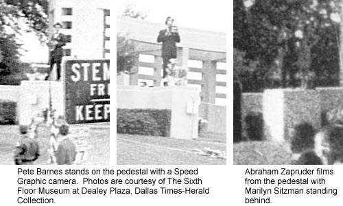Figure 25. Photos of Pete Barnes and Abraham Zapruder on pedestal show they filmed from slightly different positions