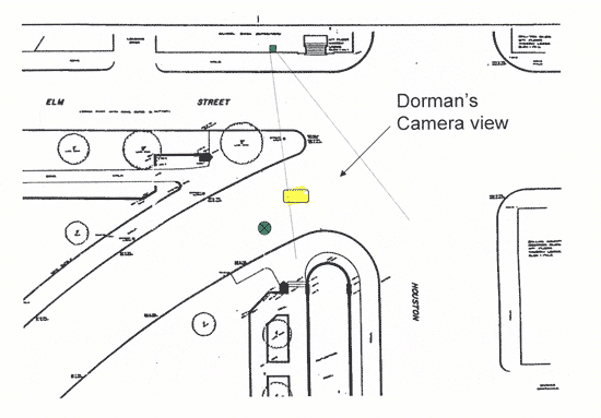 Figure 9. The yellow block represents the mayor’s car in its position in the field of view at the start of the sequence of the Dorman film where the cop appears