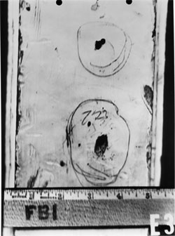 FBI photo E3, one of several pictures of circled bullet holes