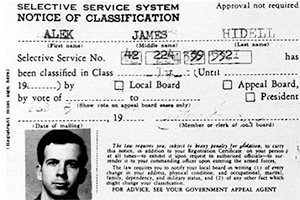 Falsified draft card in the name of Alek James Hidell
