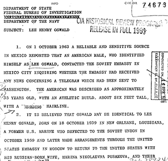 DIR 74673, sent from CIA HQ to FBI, State, and Navy, reporting the contact and passing along the 