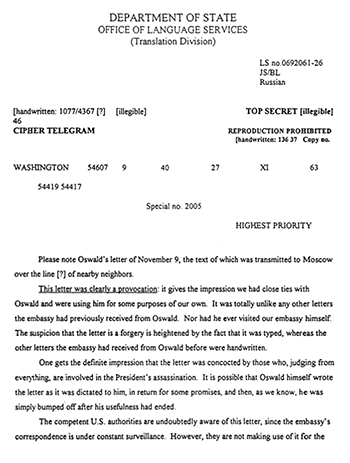 Translation of telegram from Soviet ambassador Anatoly Dobrynin to Moscow