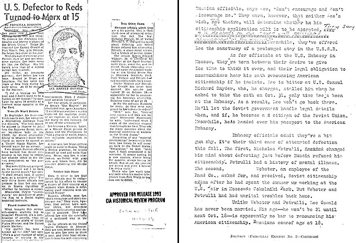 Left: Priscilla Johnson's article in Evening Star referencing Webster.....Right: Warren Commission manuscript with Webster's first name whited out