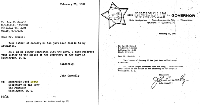 Left: Warren Commission version of Connally letter. Right: Original version, not cc'ed to Fred Korth.