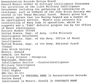 Donald Moneir told the ARRB about a fake military defector program run by ONI