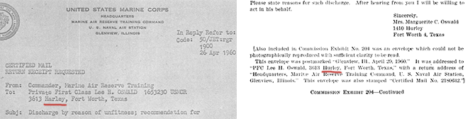 Compare the 4/26/60 notice by the Marine brass addressed to 3613 Harley (left) with the Warren Commission's observation that the envelope was addressed to 3613 Hurley (right).
