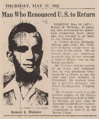 Newspaper article announcing Robert Webster's return to US