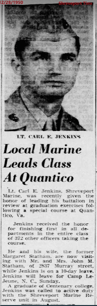 1950 newspaper article on then-Marine Carl Jenkins, who remains 'in the background' of these stories.