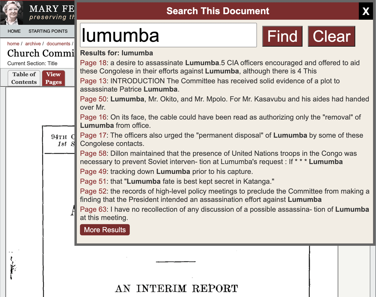 Within-document search popup