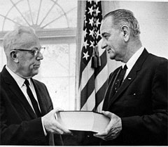 Earl Warren presenting the Warren Report to President Johnson