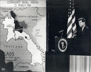 President Kennedy at a press conference with a map of Laos, 1961.
