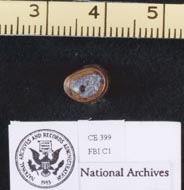 Base of Commission Exhibit 399, the 'magic bullet.' Note the flattening of the base. The prominent 'nick' is from FBI removal of lead for testing.