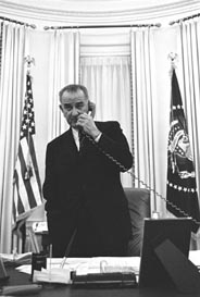 President Lyndon Johnson on the telephone on the day the Warren Commission was announced, 29 Nov 1963.