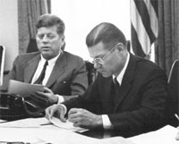 JFK and Defense Sec. McNamara during the Cuban Missile Crisis. McNamara pursued JFK's Vietnam withdrawal plans, and then in the Johnson administration reversed course and oversaw a widened war.