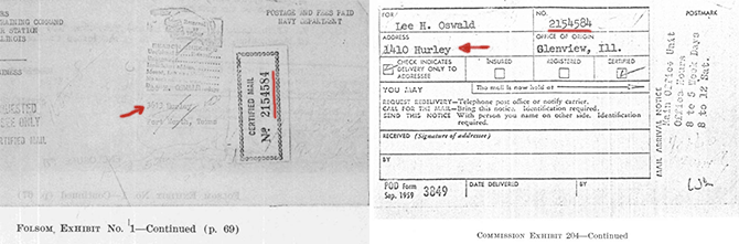 Compare the envelope addressed to the nonexistent 3613 Hurley address (left) - with the arrival notice alleging that an attempt was made to deliver the envelope to Marguerite Oswald's then-current 1410 Hurley address (right) - both containing the same certified mailing number.